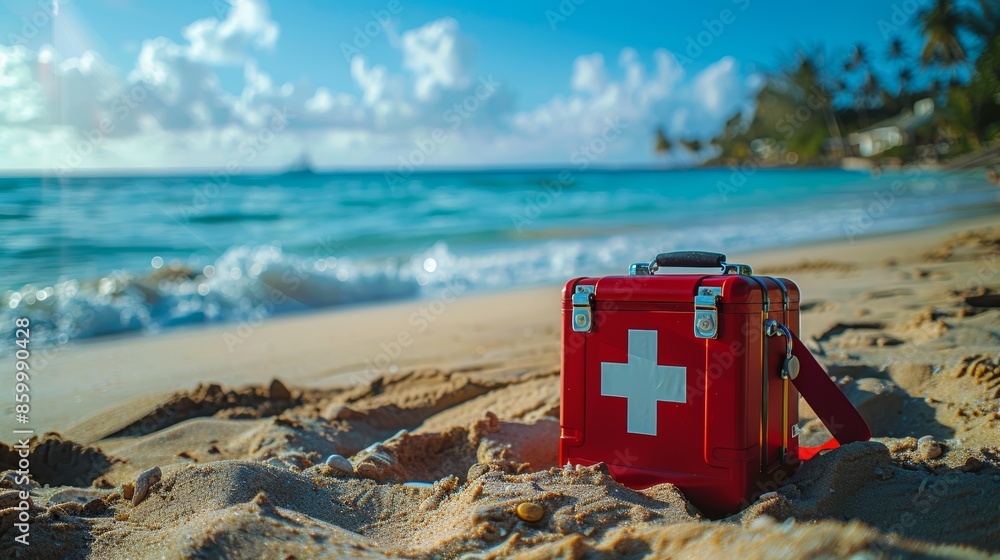 Wall mural red first aid kit on sunny tropical beach with soft waves