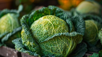 Close-up of Fresh Green Cabbages at Market Stall