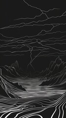 A brooding landscape with stark, jagged lines. ,Dark Color light ,vectorline design , illustration , Mobile Wallpaper