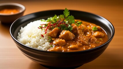  Delicious Asian cuisine  Rice and curry with a side of chili sauce
