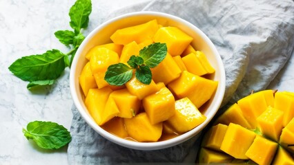 A dish filled with sliced yellow mango fruits and bananas decorated with fresh mint leaves.