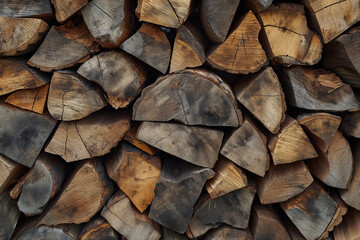 Fototapeta premium Background of cut logs Firewood stacked in a row Chopped wood logs, wooden textured background