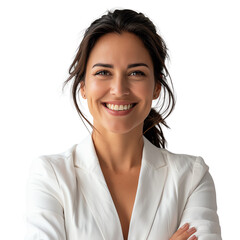 Professional woman in a white blazer, smiling confidently with arms crossed, isolated on a white background.