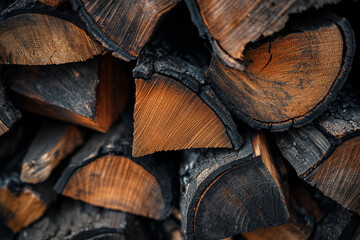 Fototapeta premium Background of cut logs Firewood stacked in a row Chopped wood logs, wooden textured background