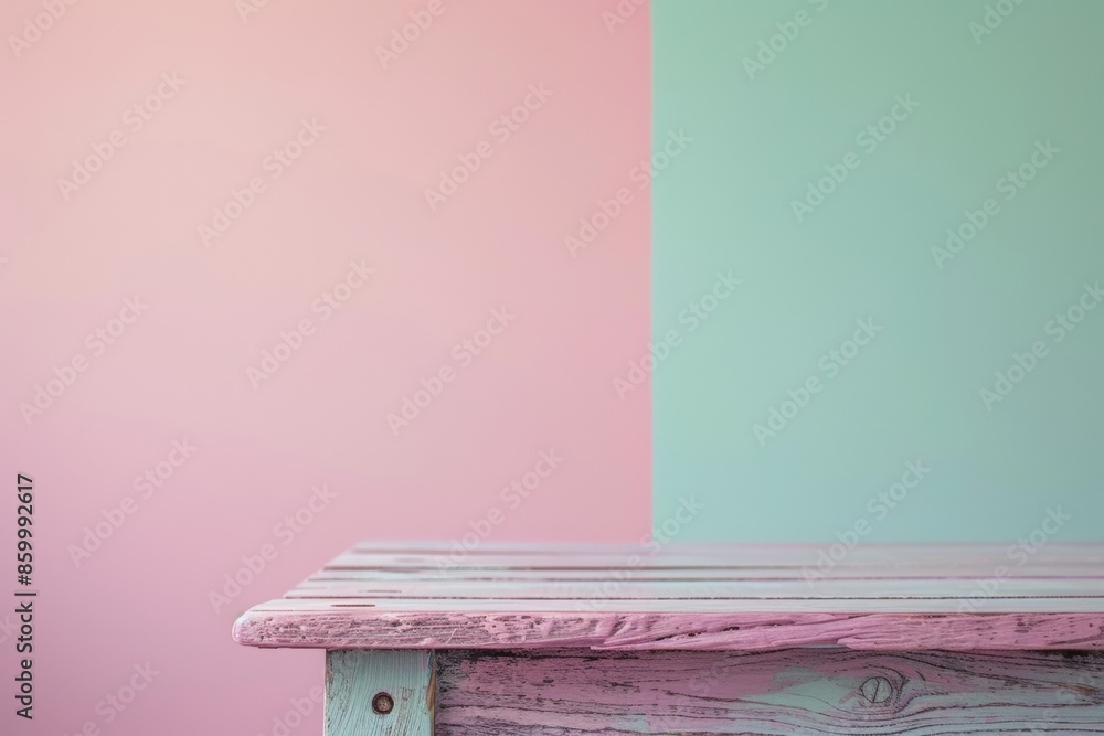 Aufkleber stylish pastel pink and teal studio with smooth wooden table for product display, modern minimalist 