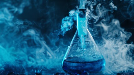 Image of a laboratory flask with blue liquid and smoke