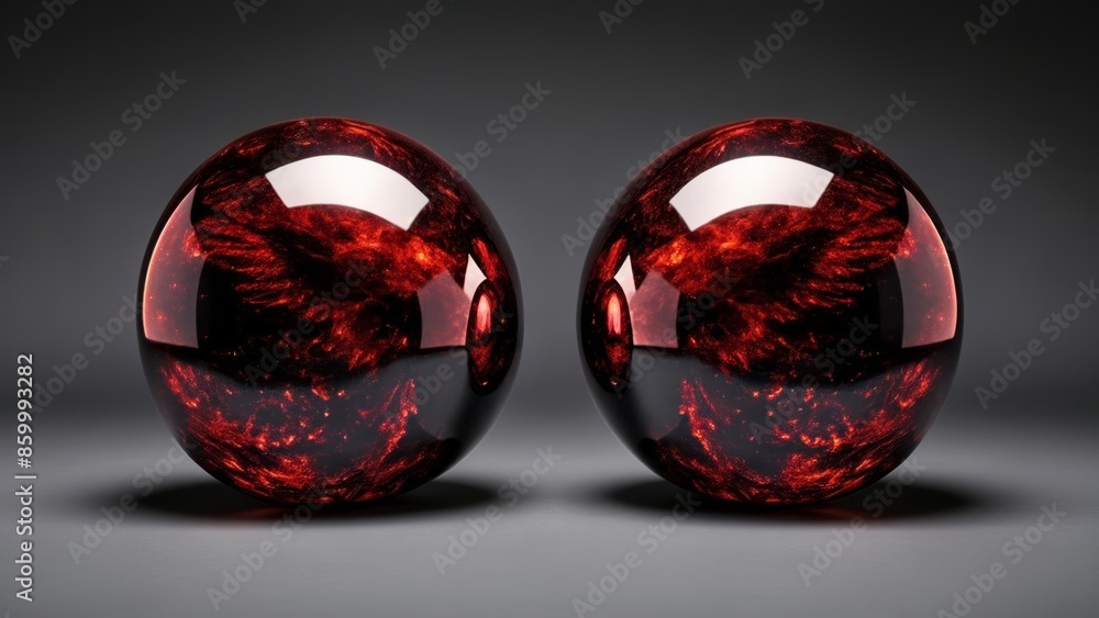 Poster  Elegant red glass spheres with reflective surfaces