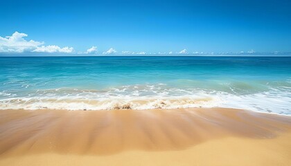 Golden sands stretching as far as the eye can see, meeting the azure waters of the ocean under a clear blue sky.