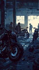 A brooding motorcycle gang gathering in an abandoned warehouse. ,Dark Color light ,vectorline design , illustration , Mobile Wallpaper
