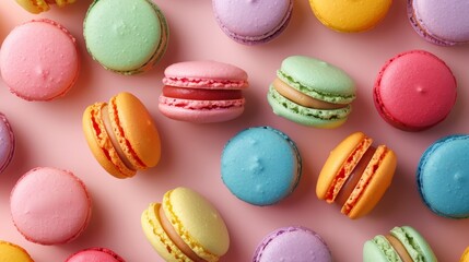 Obraz premium Colorful Assorted French Macarons on Pink Background
