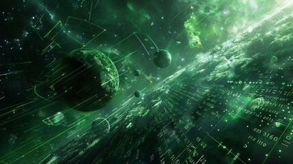 green grid and lines of binary code transforming into the whole universe consciousness alien planets stars super novas realistic.