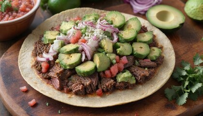 Mexican Beef Taco with Avocado, Red Onion and Salsa.
