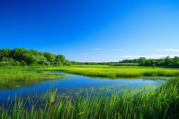 Fototapeta premium Serene Pond in a Lush Green Meadow Under a Clear Blue Sky