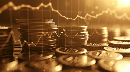 Golden Coin Stacks with Financial Charts