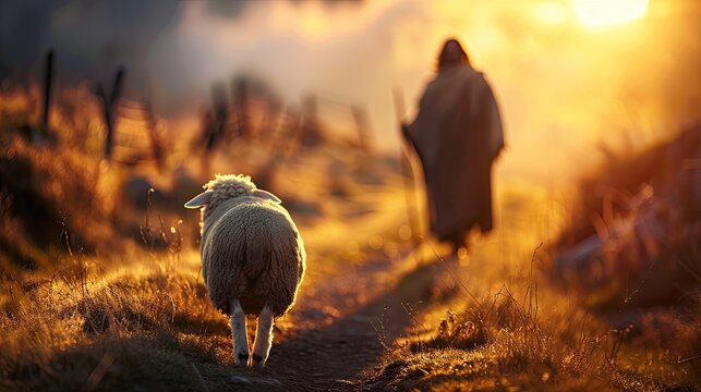 sheep and Jesus Christ walking toward it in the background