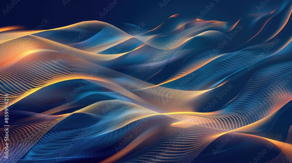 Poster bright blue and gold liquid waves create mesmerizing abstract patterns with dynamic movements and ca