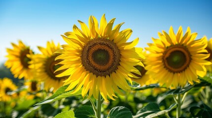 Naklejka premium Close-Up of Bright Yellow Sunflowers in a Sunny Field Under a Clear Blue Sky