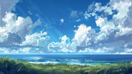 Obraz premium Horizon Illustrate the distant horizon over a vast ocean or open field, with a dramatic sky above.