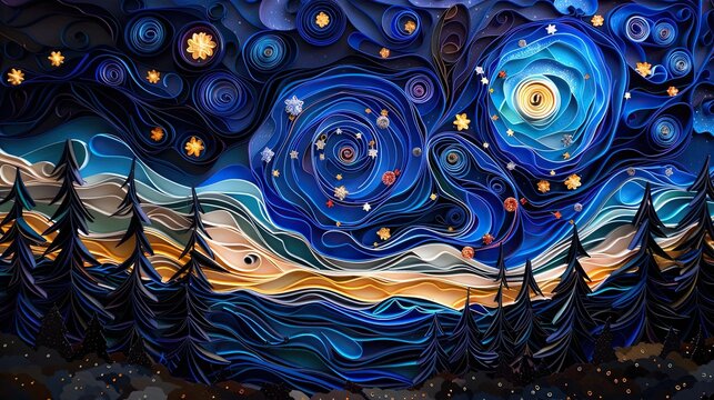 Paper quilling art of an expansive night sky with a dazzling Milky Way