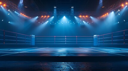Empty Boxing Ring in a Dimly Lit Arena with Dramatic Lights Shining