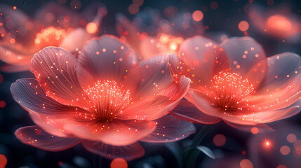 3D render of glowing red flowers, with sparkling petals and vibrant colors
