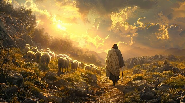 sheep and Jesus Christ walking toward it in the background