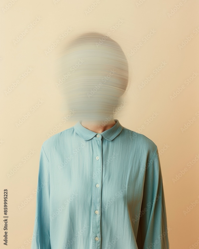 Poster abstract blurry portrait of unidentifiable model in blue shirt on beige background using long exposu