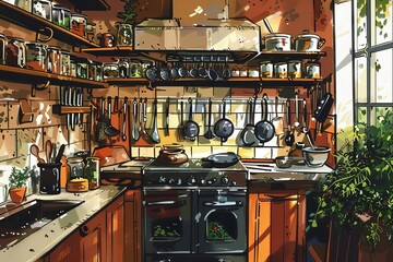 Illustrate a chefs kitchen from a panoramic view, showcasing sizzling pans, overflowing spice racks, and a medley of fresh herbs,