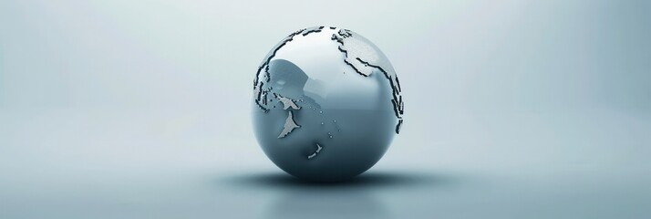 A minimalistic image of a metallic globe, featuring outlines of the continents on a gray background. Generative AI