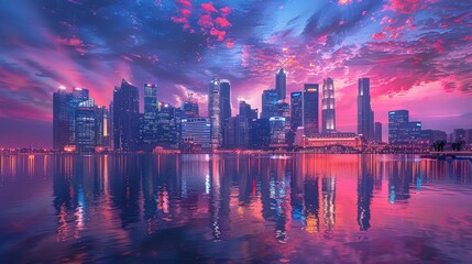 Stunning city skyline at dusk with vibrant pink and purple clouds reflecting on the water, creating a mesmerizing urban landscape.