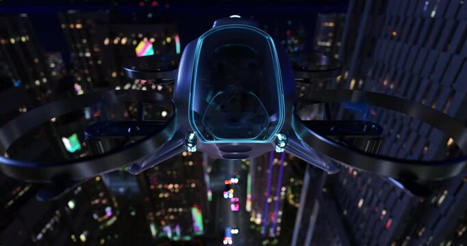 Urban Mobility Contrasts: EVTOL Flying Over Bustling City Center While Electric Cars Jammed on Roads Below