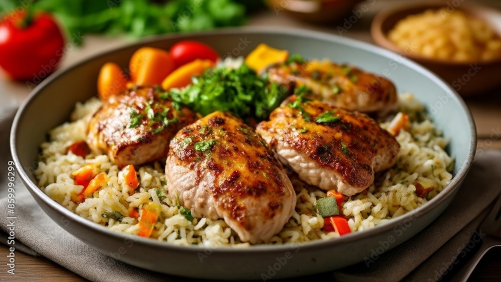 Canvas Prints  Deliciously grilled chicken and rice with colorful veggies ready to be savored