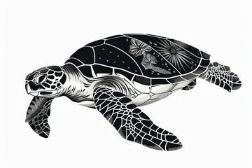 Obraz premium Sea Turtle with cute designs, line art, line drawing, black isolated on white background, illustration background