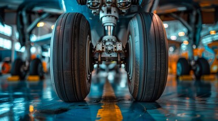 Fototapeta premium Close-Up of Airplane Landing Gear in Maintenance Hangar