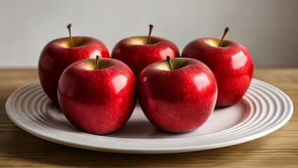  Six shiny red apples on a white plate