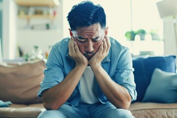 Obraz premium Sad Asian Man Sitting Alone on Sofa in Cozy Living Room A Contrast of Emotion and Environment