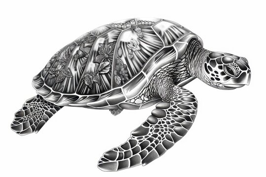 Detailed illustration of a turtle with intricate shell patterns, black and white, white background, illustration background
