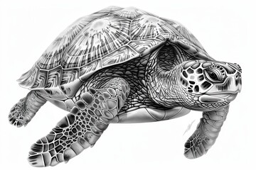 Obraz premium Detailed illustration of a turtle with intricate shell patterns, black and white, white background, illustration background