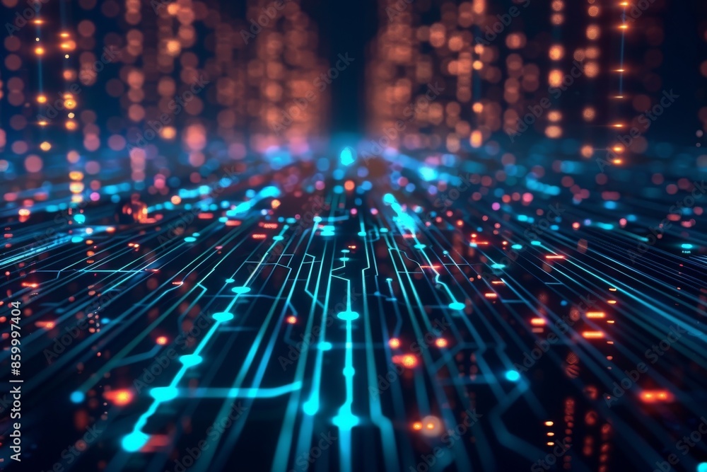Poster abstract futuristic circuit board with glowing lines and bokeh