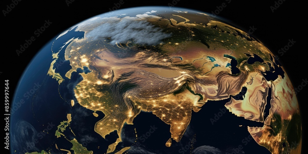 Poster 3d image of a textured earth with golden light patterns. an image of digital art of globe with glowi