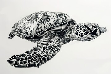 Fototapeta premium Stylized sea turtle with geometric patterns, black ink, white background, illustration background