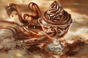 Illustrate a luxurious chocolate ice cream sundae, topped with swirls of cocoa powder and sprinkles, suitable for a photorealistic digital artwork,