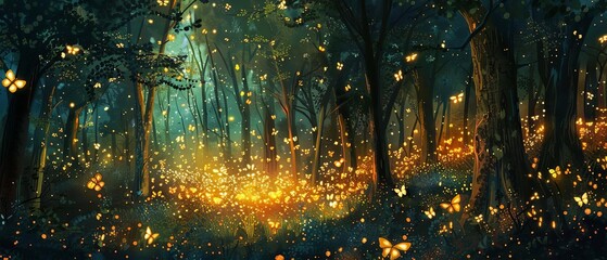 Fototapeta premium Illustrate a magical forest scene with enchanting fireflies dancing through the trees, all from a captivating worms-eye view perspective,