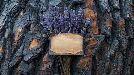 Dried lavender bouquet on aged tree bark with floral card