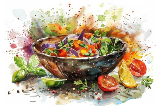 Illustrate a marinade bowl, filled with colorful ingredients, surrounded by herbs and spices, in a vibrant, watercolor painting style,