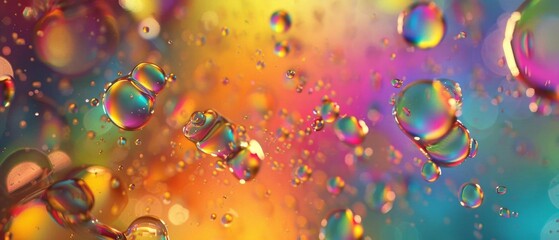 Illustrate a mesmerizing worms-eye view of a cluster of Fatty Acid droplets dancing in a vibrant, liquid rainbow splash,
