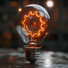 Gear idea light bulb on black background