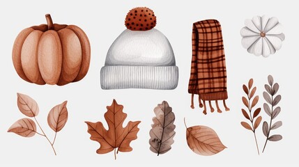 Cute watercolor cartoon clipart for autumn, with vibrant pumpkins, colorful leaves, and warm scarves, all on a white background