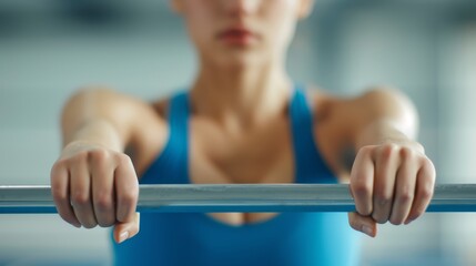 Naklejka premium Detailed shot of a young female gymnast on uneven bars, blue leotard, hands firmly gripping the bars, light background enhancing the focus on her skill and precision