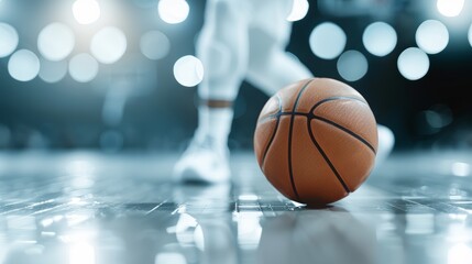Detailed shot of a basketball player's skilled dribbling, emphasizing hand and foot coordination, Olympic sport concept, dynamic and precise movement with the ball